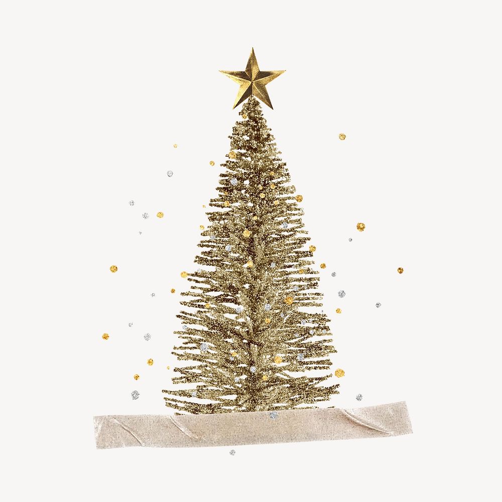 Gold Christmas tree, festive collage element