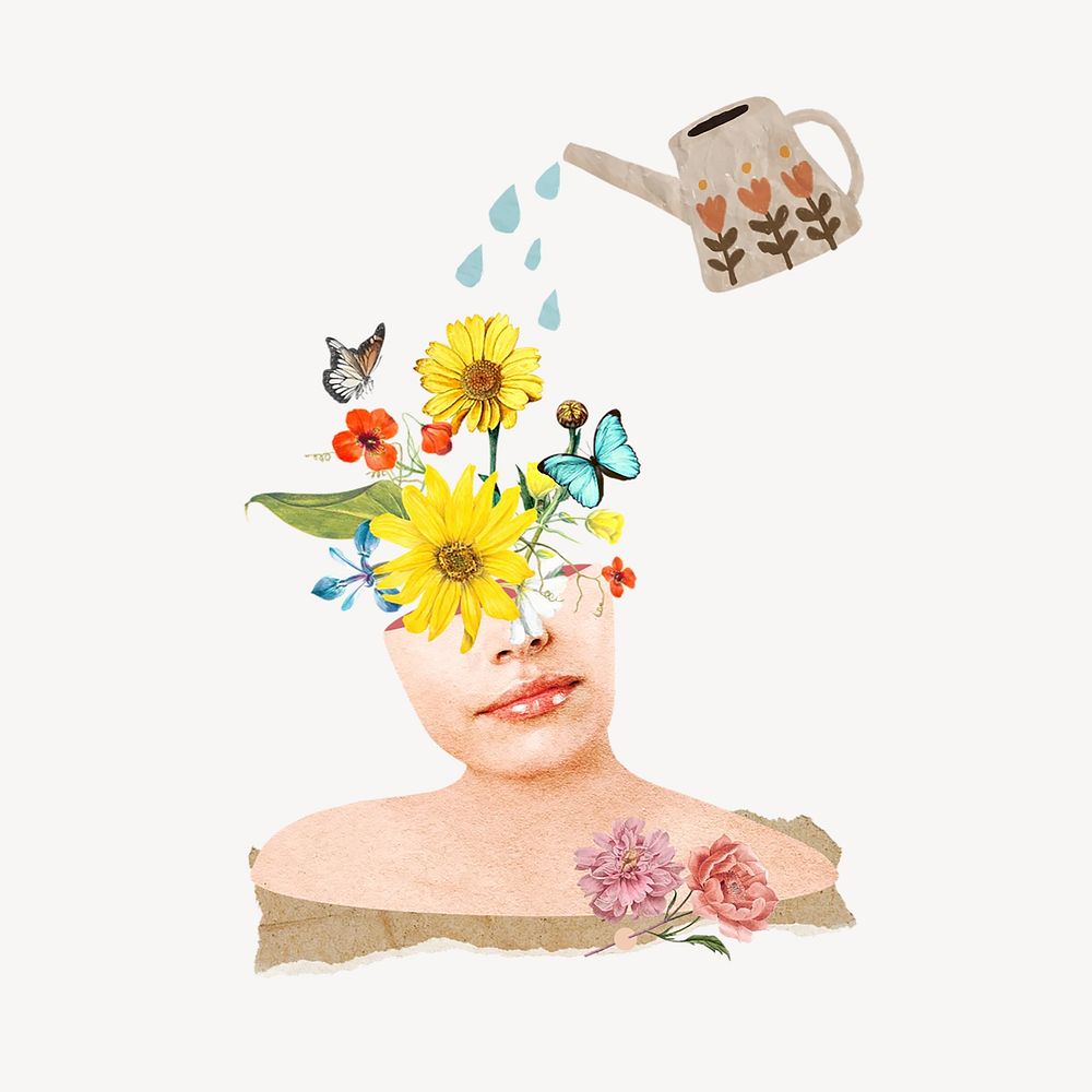 Self-growth woman, can watering mind collage