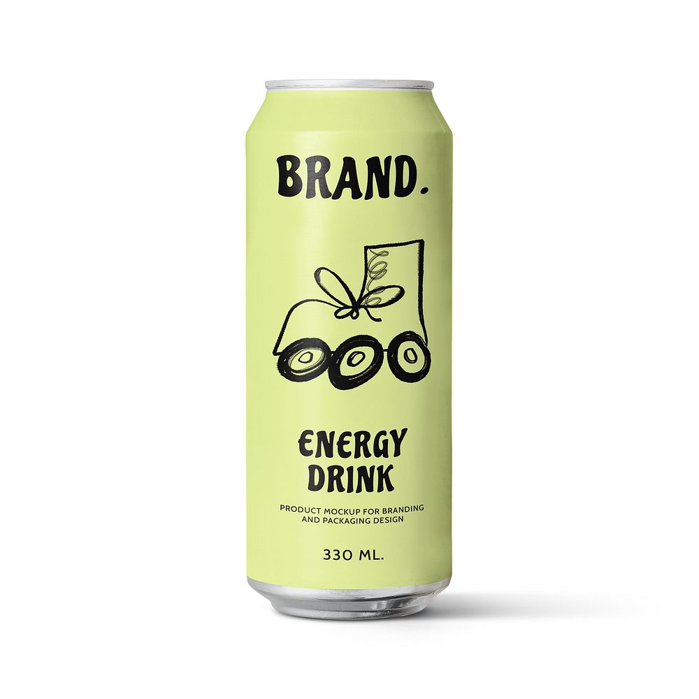 Soda can mockup, cute doodle, customizable design psd
