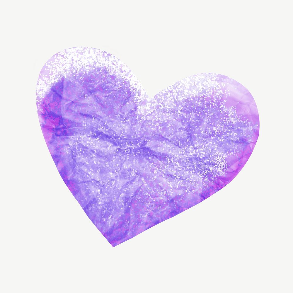 Purple glitter heart, love collage element psd