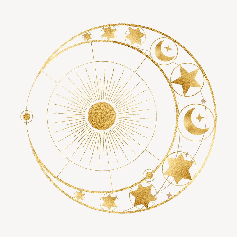 Celestial crescent moon, gold astrology illustration