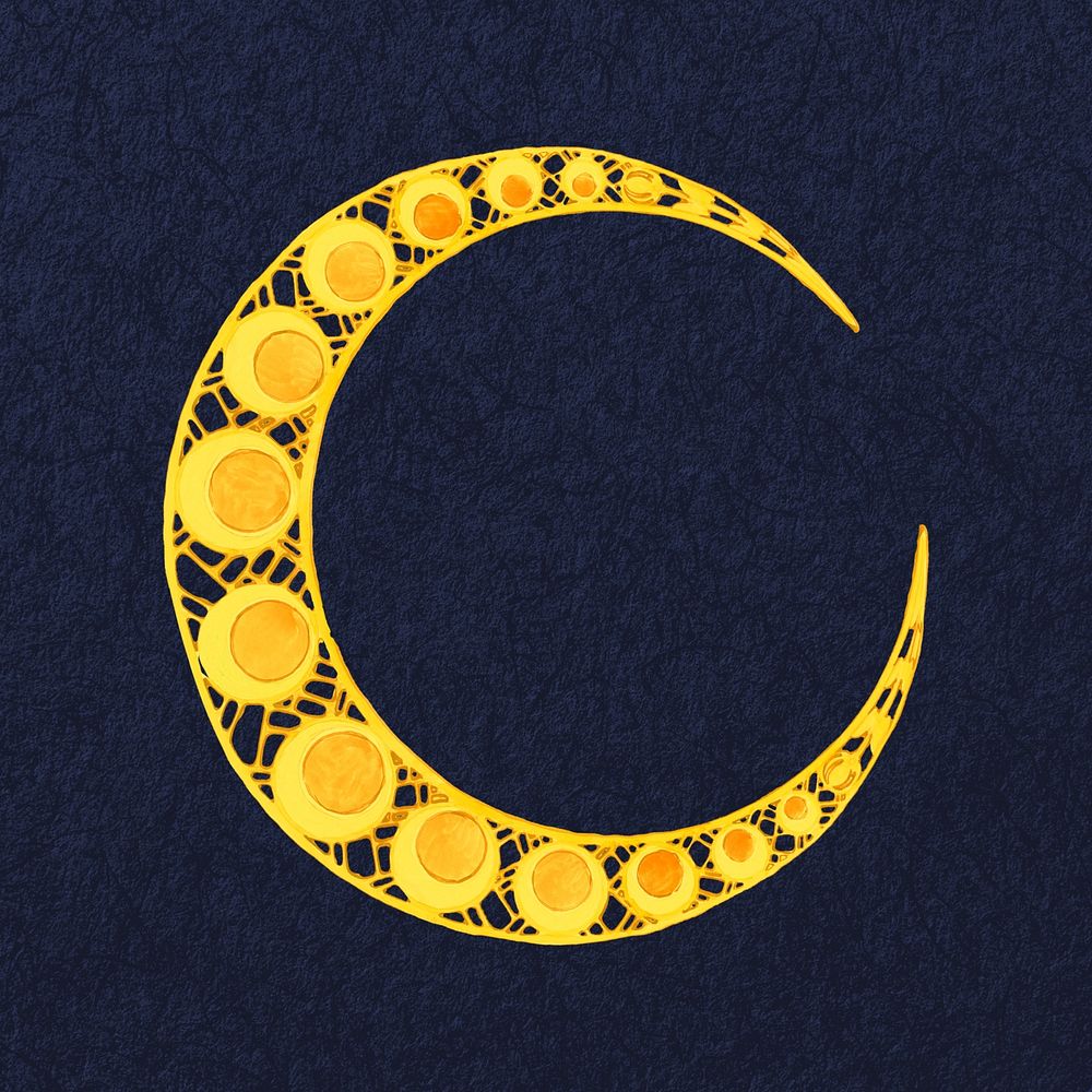 Gold crescent moon, aesthetic celestial illustration