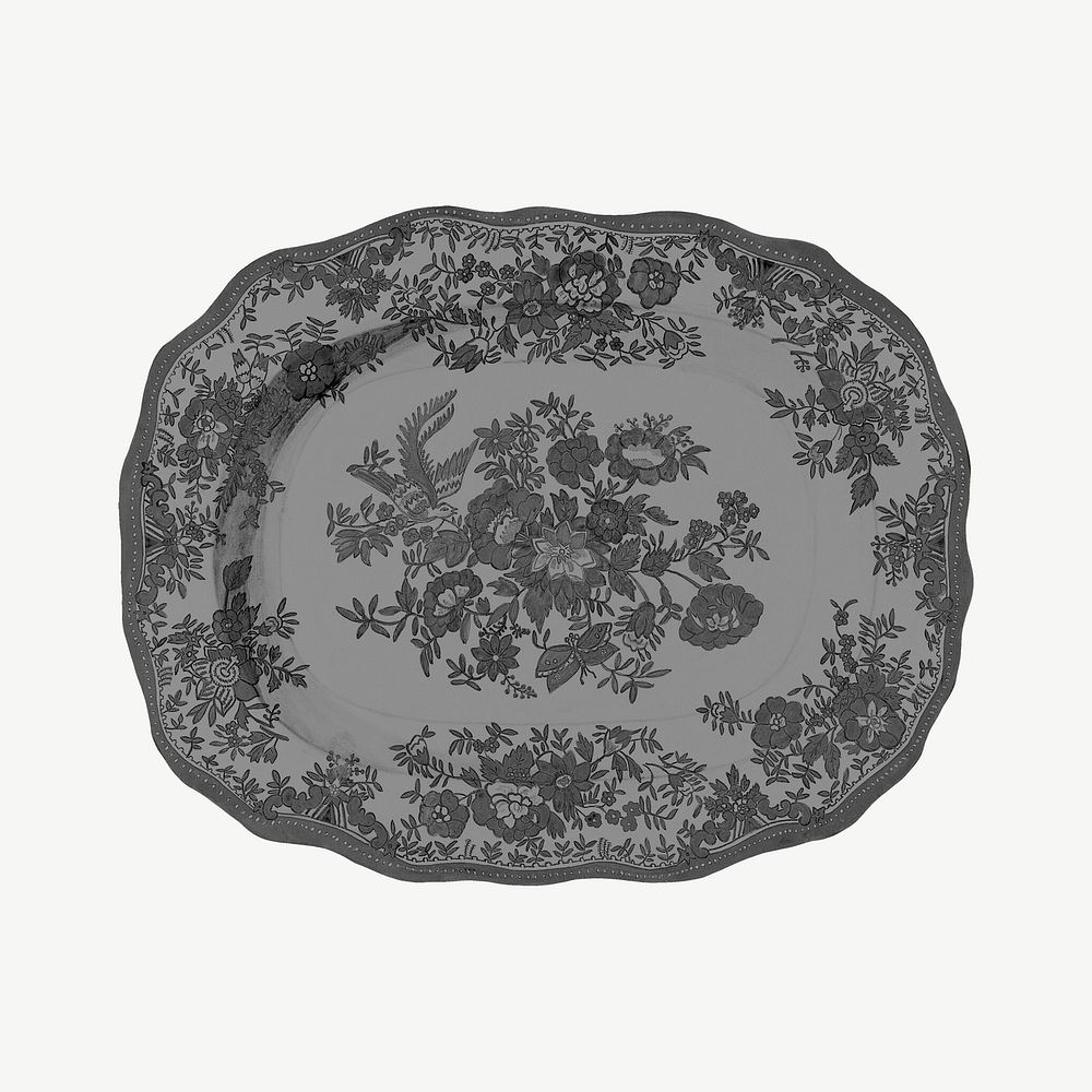Floral ceramic plate, antique object collage element psd