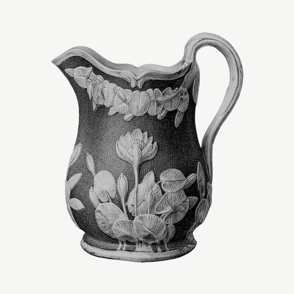 Floral water jug, vintage object collage element psd