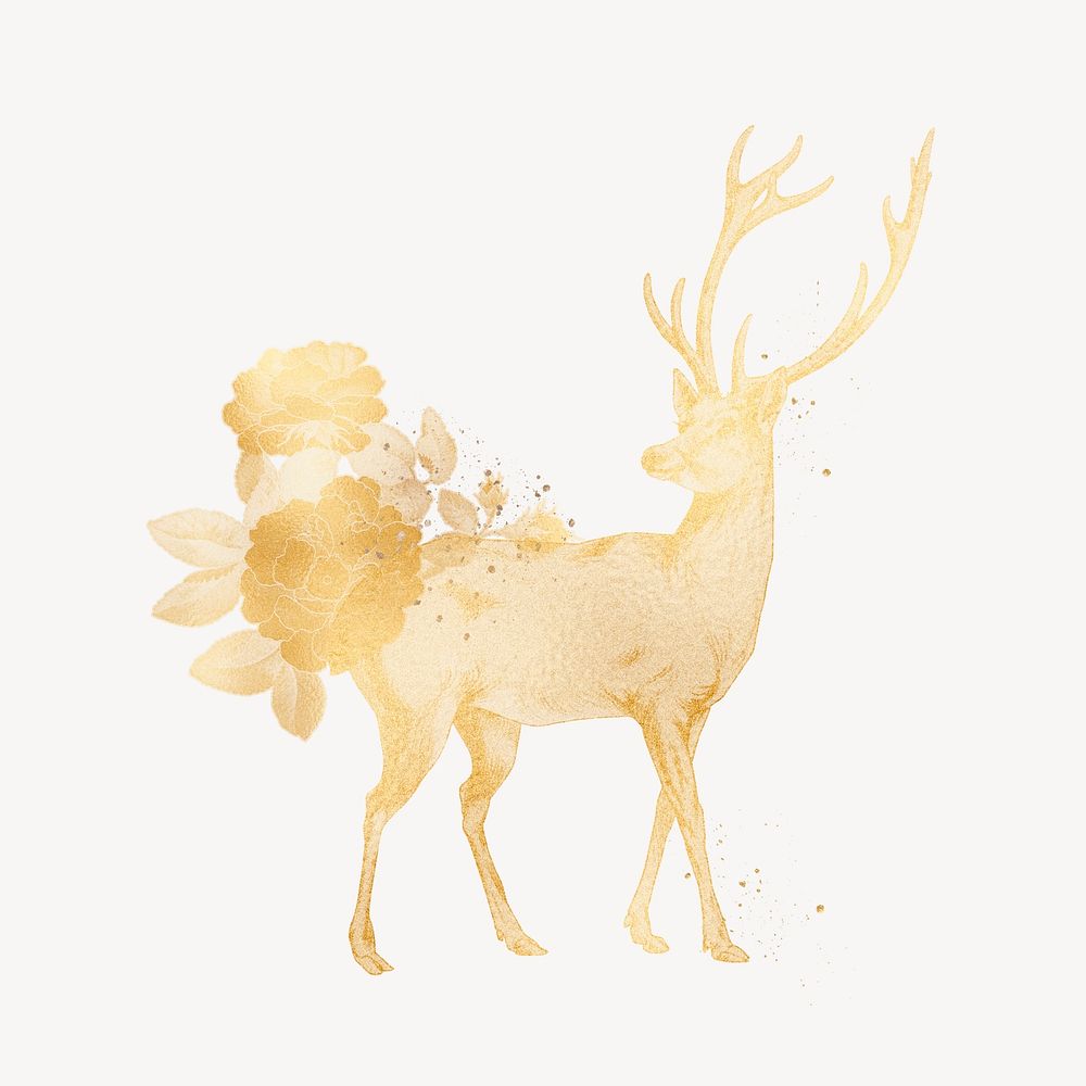 Gold stag with roses illustration, remixed by rawpixel