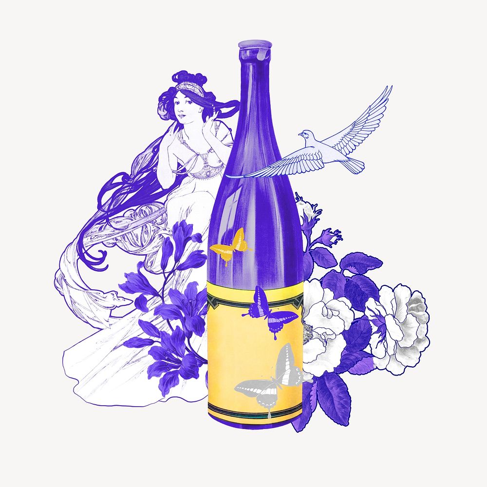 Vintage wine bottle, Alphonse Mucha's floral lady illustration, remixed by rawpixel