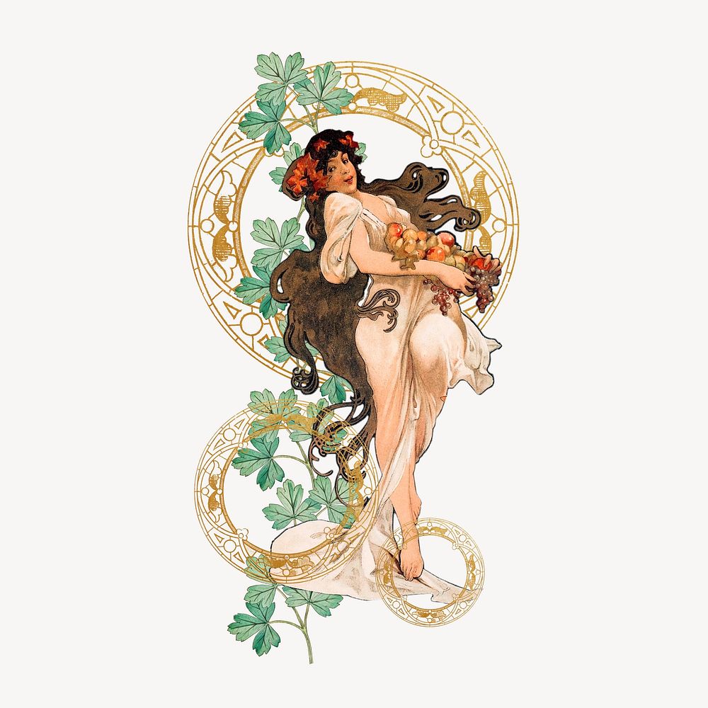 Lady with fruits, Alphonse Mucha's art nouveau illustration, remixed by rawpixel