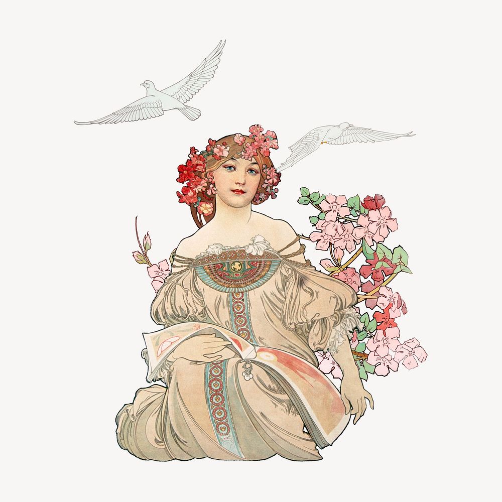 Vintage floral lady, Alphonse Mucha's famous artwork, remixed by rawpixel