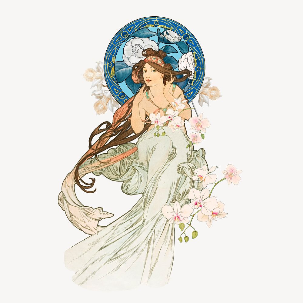 Alphonse Mucha's flower lady, vintage illustration, remixed by rawpixel