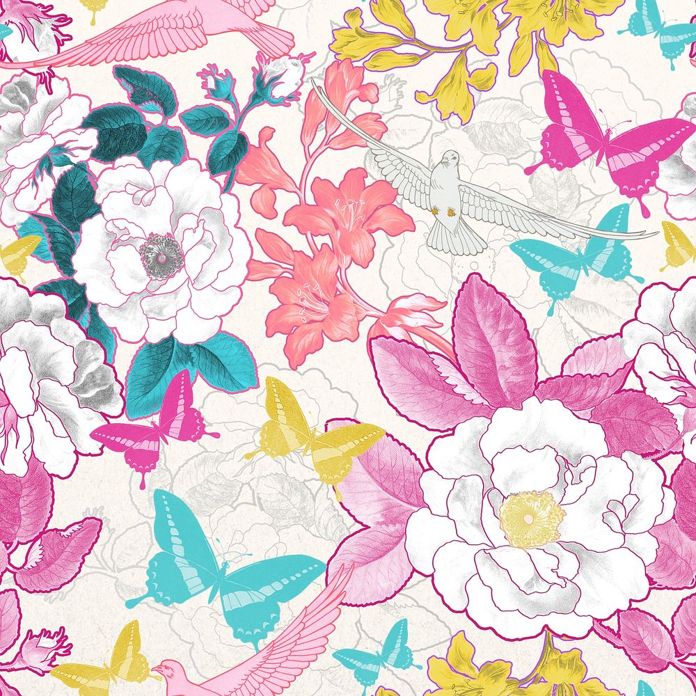 Colorful floral pattern clipart psd, remixed by rawpixel