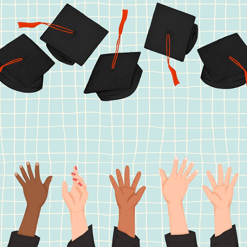 Graduation caps border background, hands illustration