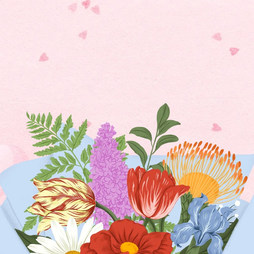 Flower bouquet background, pink hearts illustration