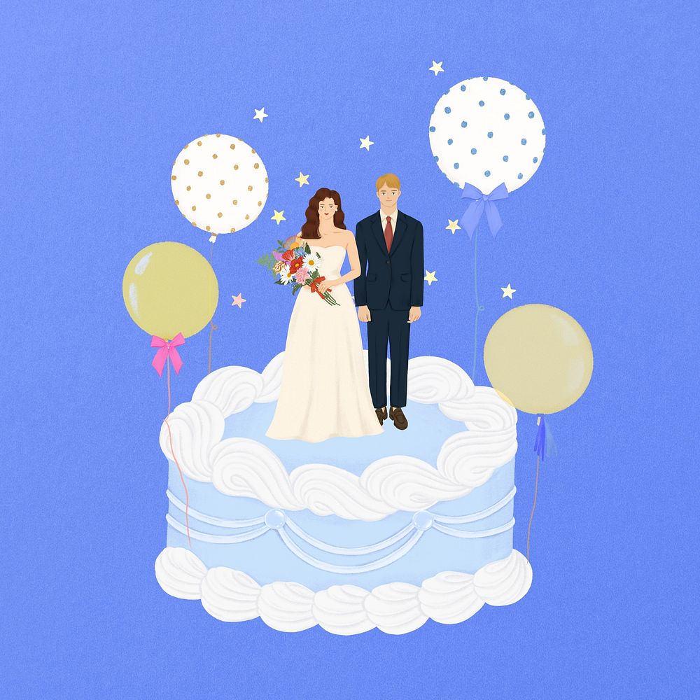 Blue wedding cake, bride and groom illustration