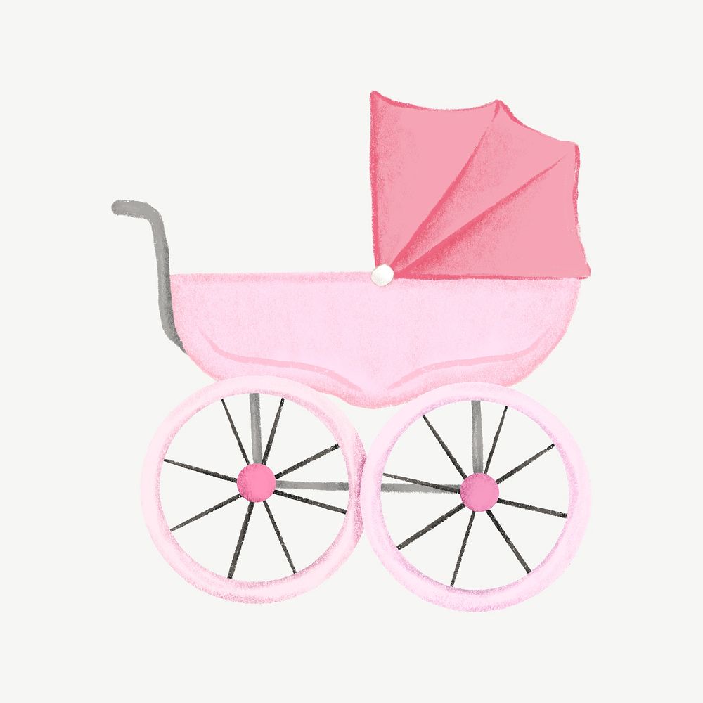 Pink baby stroller, cute collage element psd