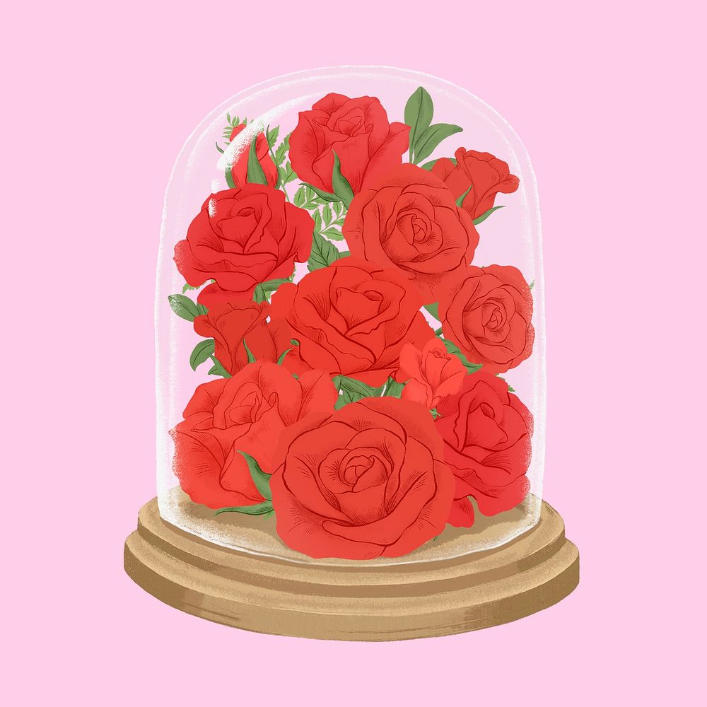 Valentine's red roses in glass cloche clipart psd