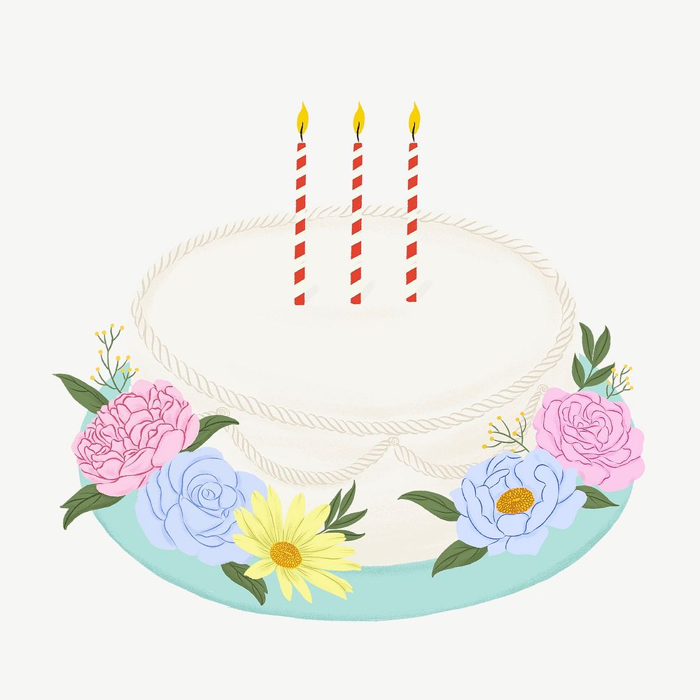 White birthday cake, floral dessert collage element psd