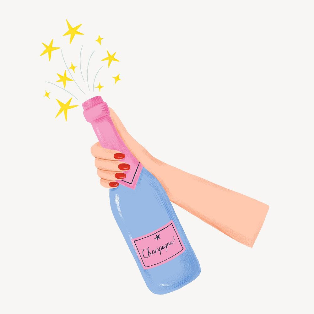 Popping champagne bottle, hand graphic