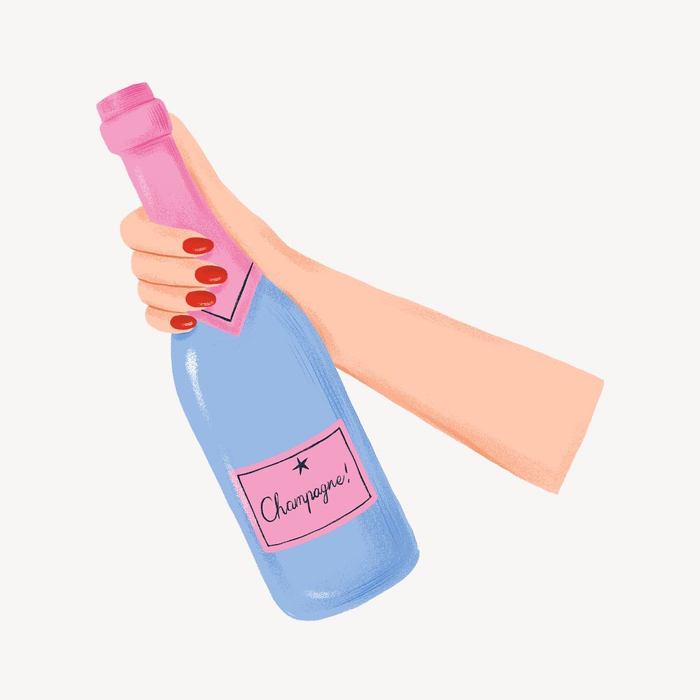 Popping champagne bottle, hand graphic