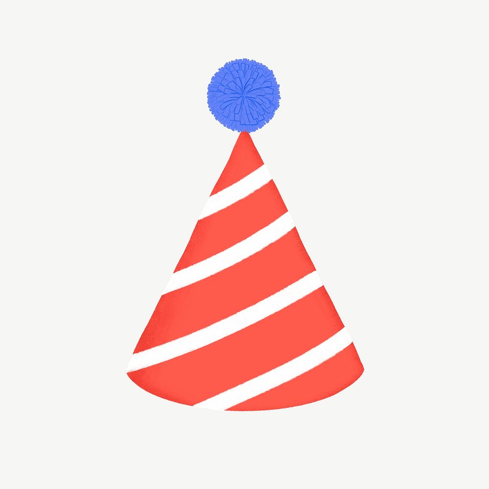 Birthday cone hat, red striped design  collage element psd