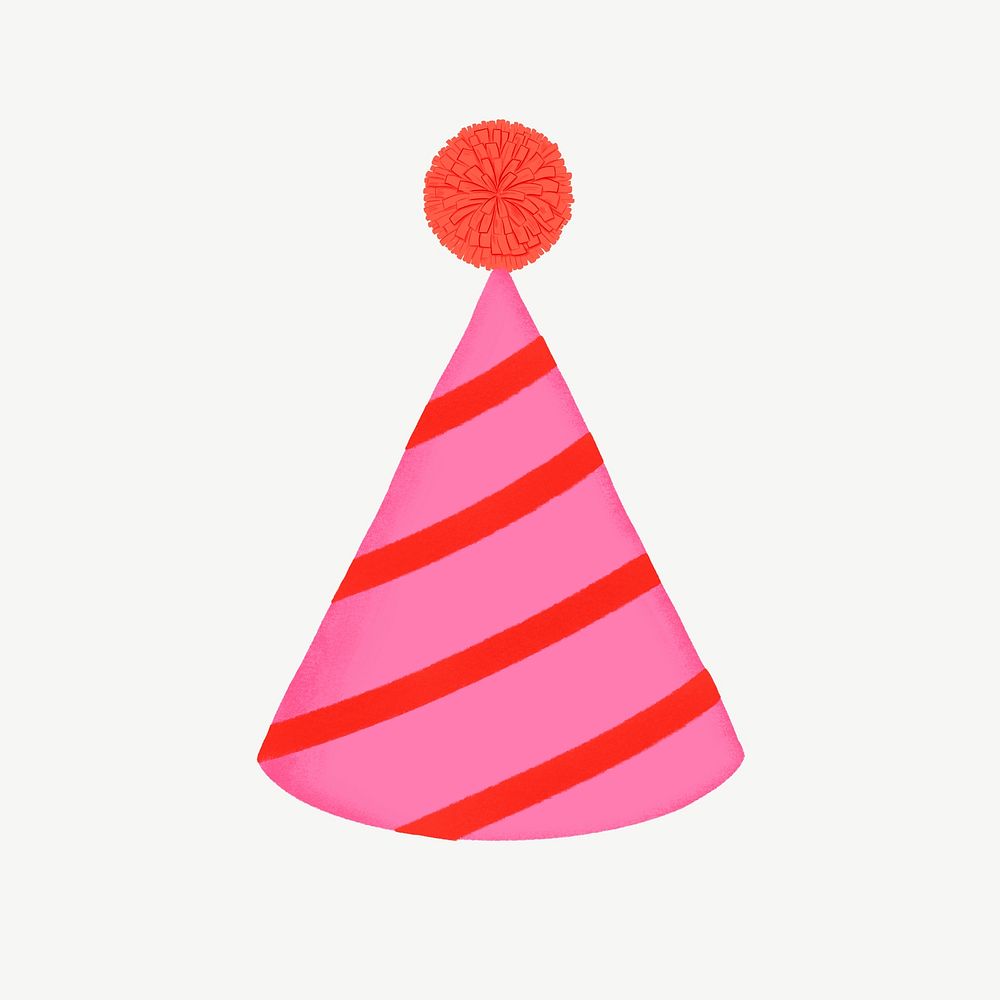 Birthday cone hat, pink striped design  collage element psd