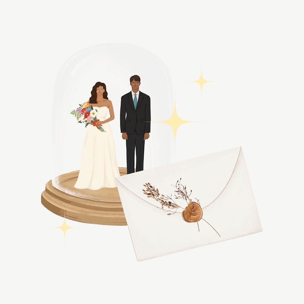 Bride and groom glass dome, wedding gift collage element psd