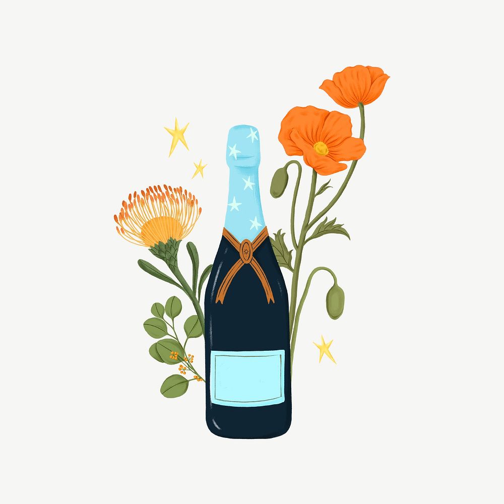 Floral champagne bottle, celebration drink collage element psd