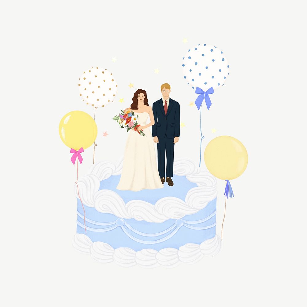 Bride and groom on wedding cake collage element psd