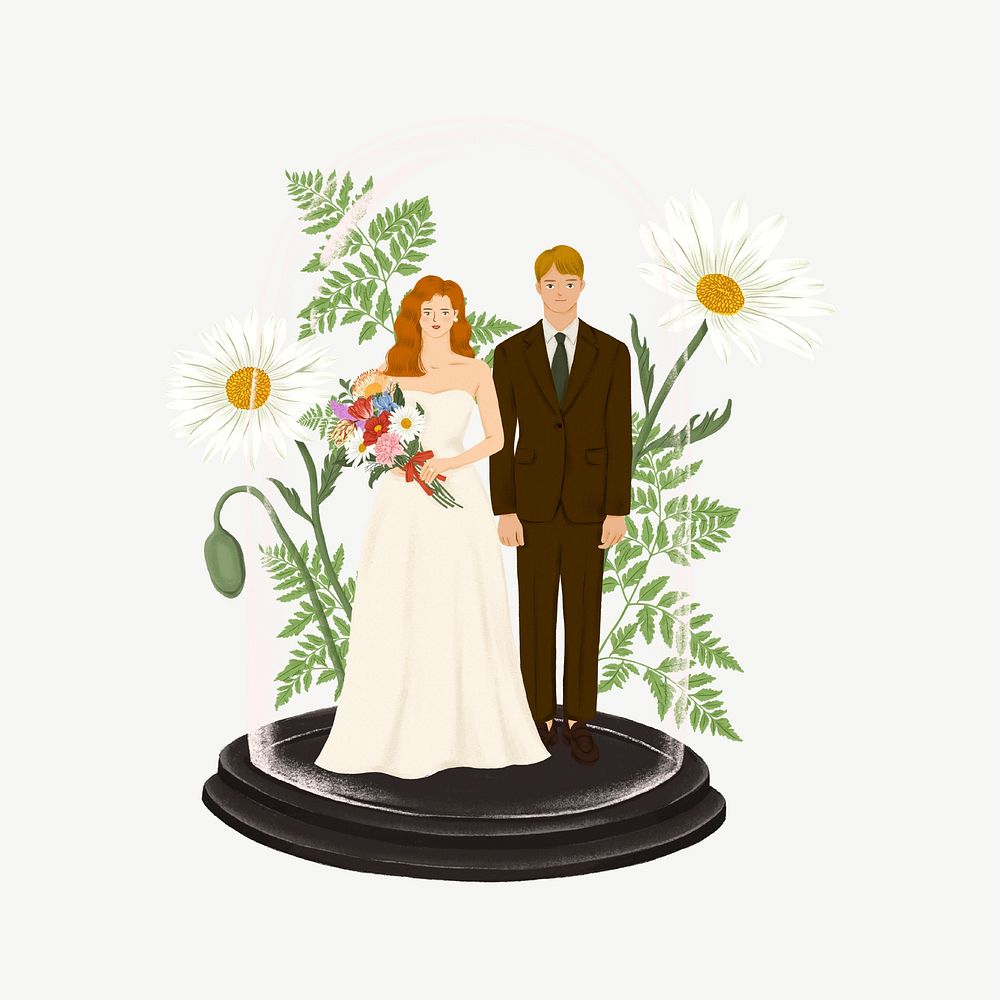 Bride and groom glass dome, wedding gift collage element psd