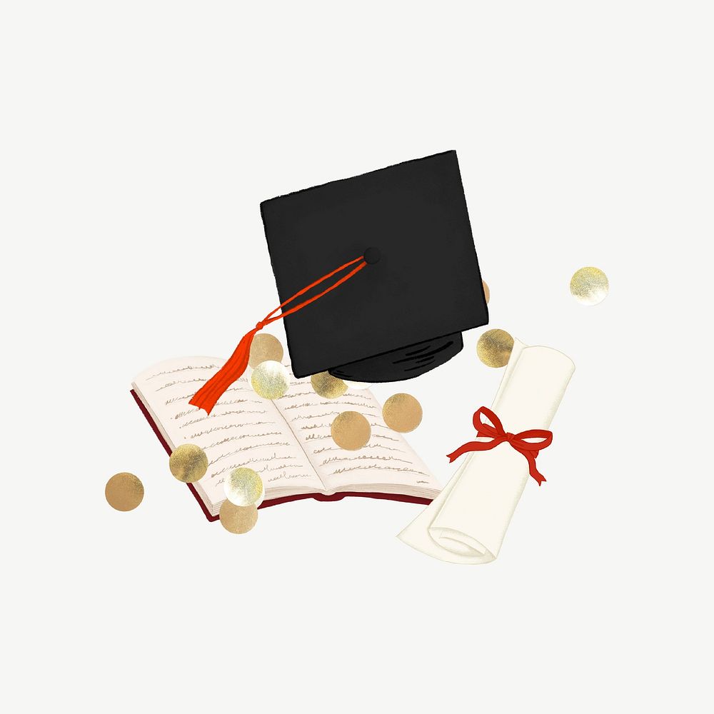 Graduation hat with diploma scroll, drawing education clipart psd