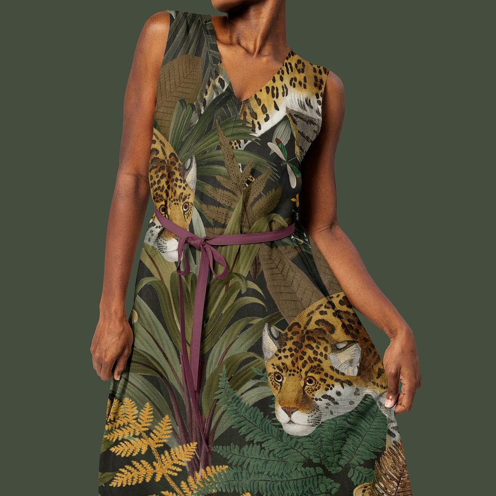 Woman wearing tiger patterned dress