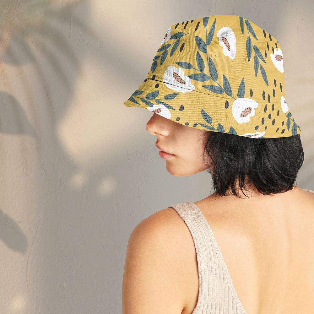 Woman in a floral bucket hat template mockup