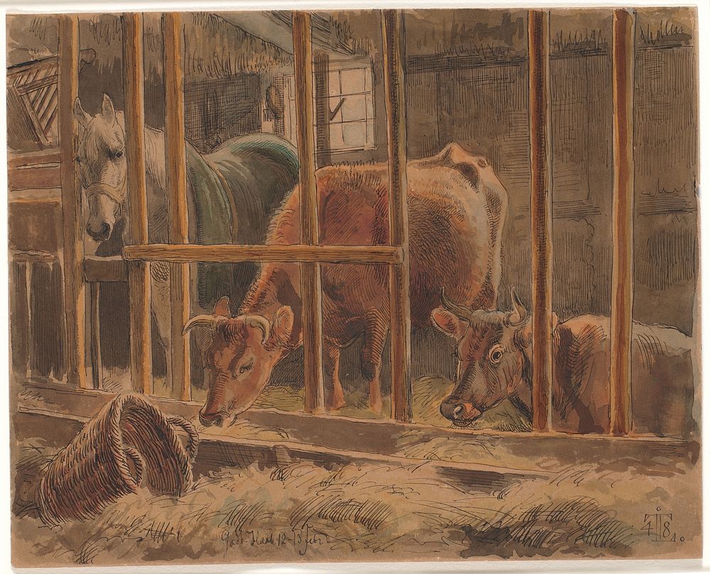 The interior of a stable with a white horse and two cows by Johan Thomas Lundbye