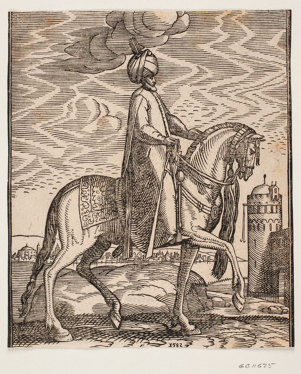 Turban-clad rider, with club hanging at the horse's right side by Melchior Lorck
