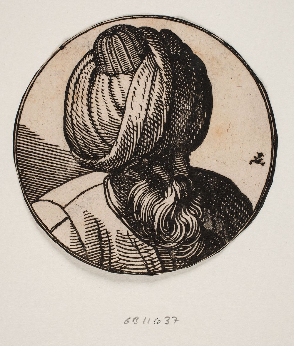 Circular medallion with bust of man with turban, seen diagonally from above, 3/4 profile h.r. by Melchior Lorck