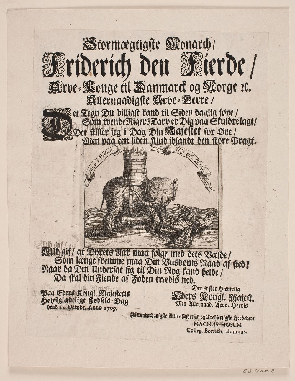 Armed elephant trampling a dragon.Magazine issued in 1709 on the occasion of Fredrik IV's birthday   by unknown