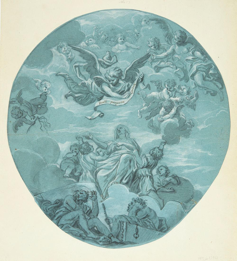A female saint on clouds, surrounded by putti, above her angelic children and an angel holding a scroll inscribed: Beati…