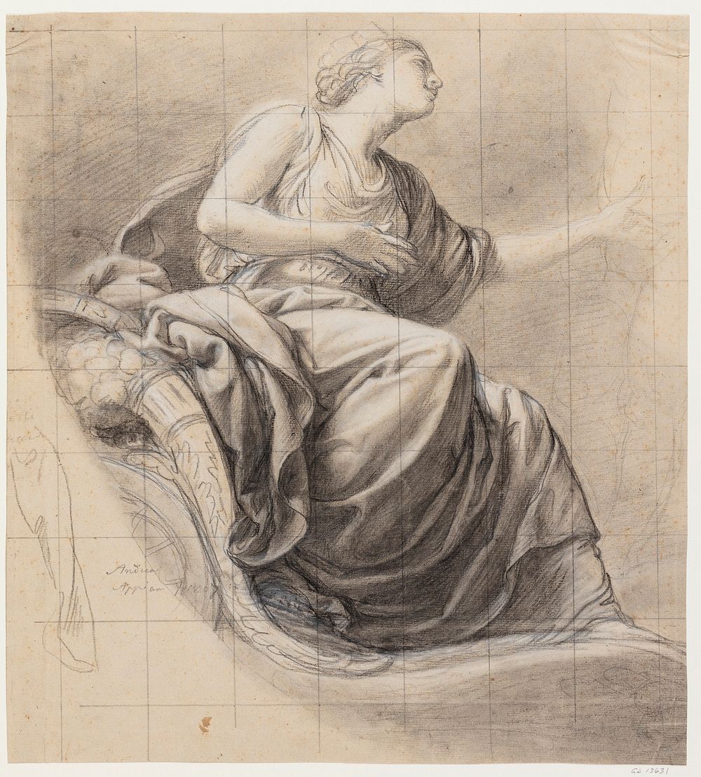 Woman with masonry crown, seated in a chariot(?), by her side a cornucopiae by Andrea Appiani