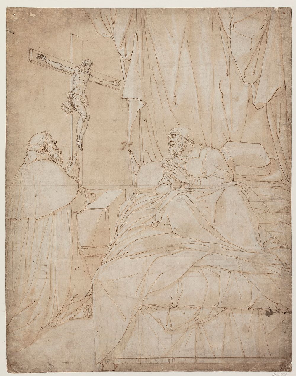 Bedridden Pope prays to a crucifix  by Camillo Procaccini
