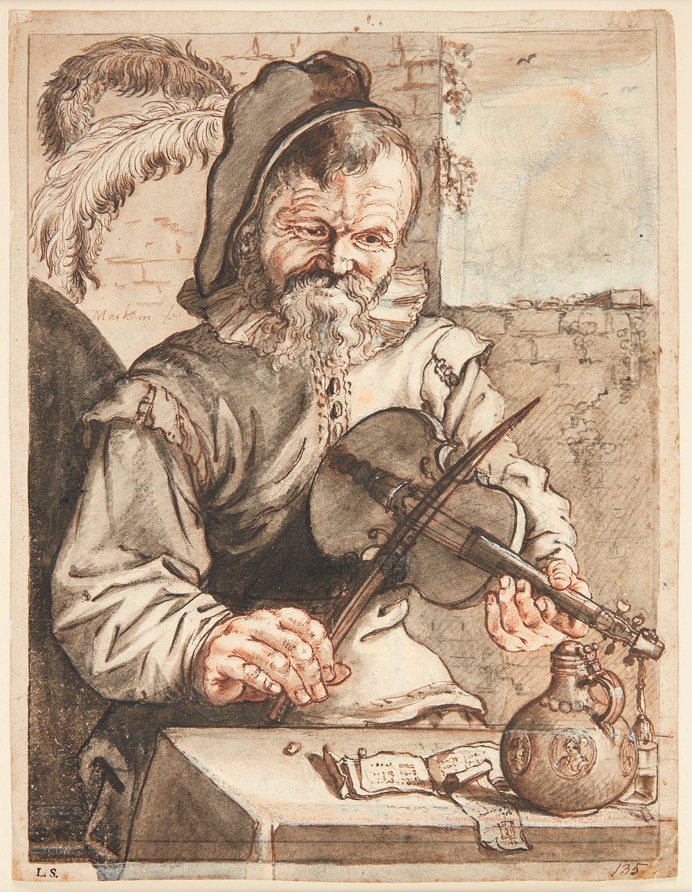 A violinist, half figure en face, seated before a table with sheet music, a drum and a glass by Theodor Matham