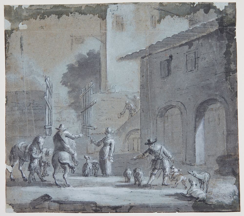 City scene with an open gate, figures and animals by Jan Asselijn