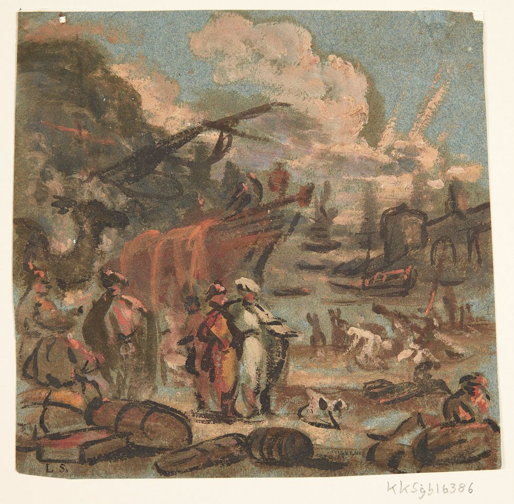 Figure scene by the coast with ships and military personnel   by unknown