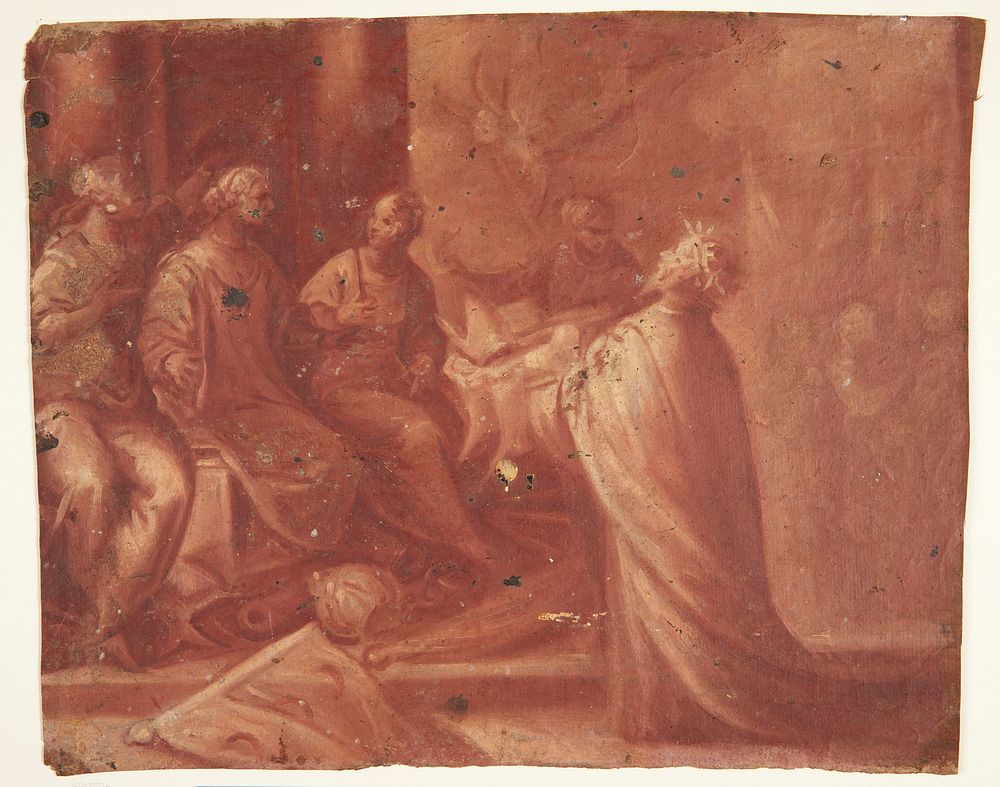 Jesus hands a mitre to a woman on a throne surrounded by two women (allegory)   by unknown