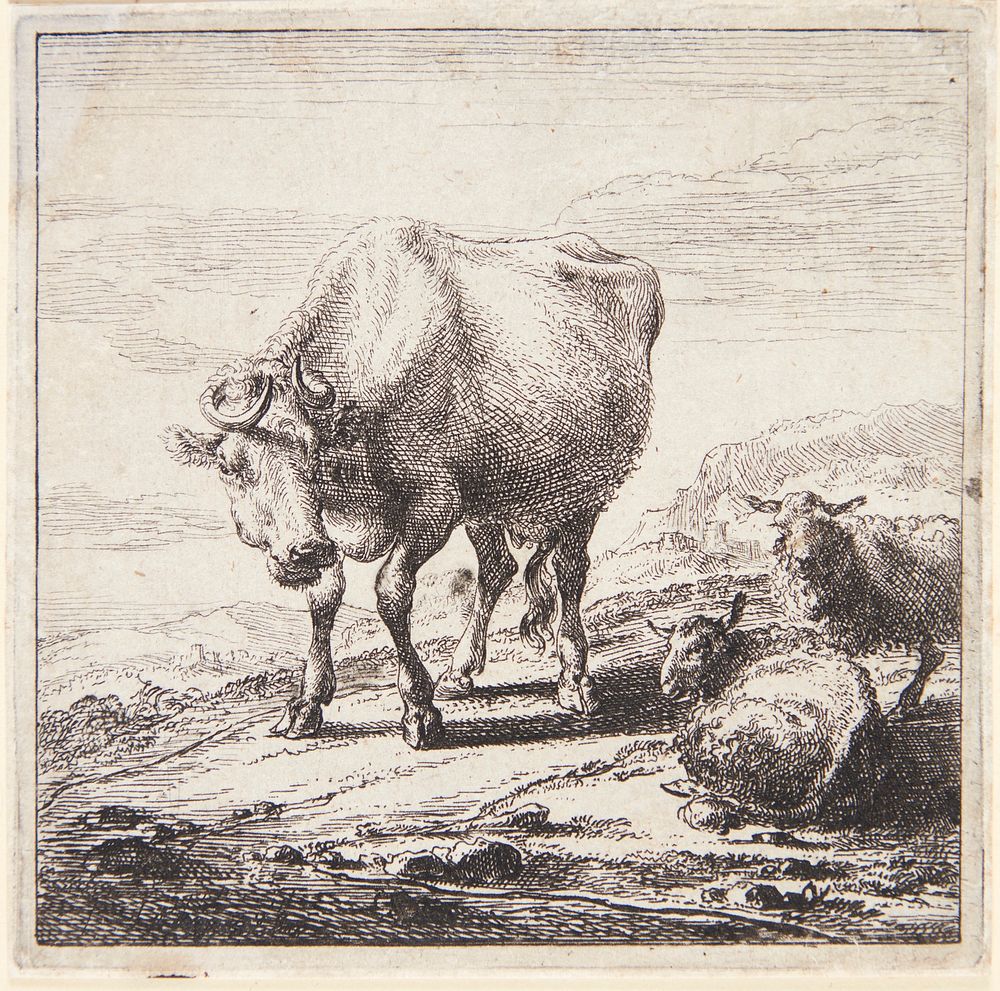 Standing cow and two lying sheep by Nicolaes Berchem