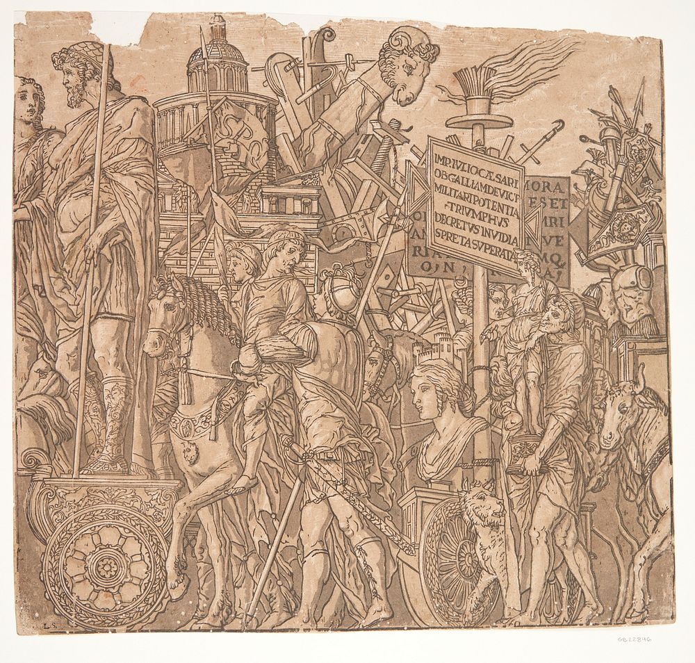 Men on chariots and on horseback with standards and spoils of war by Andrea Andreani, Bernardo Malpizzi and Andrea Mantegna