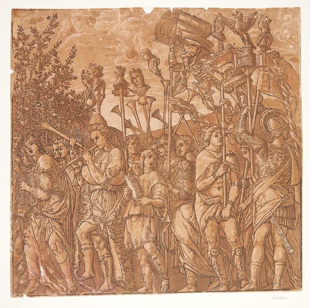 Musicians and men carrying standards by Andrea Andreani, Bernardo Malpizzi and Andrea Mantegna