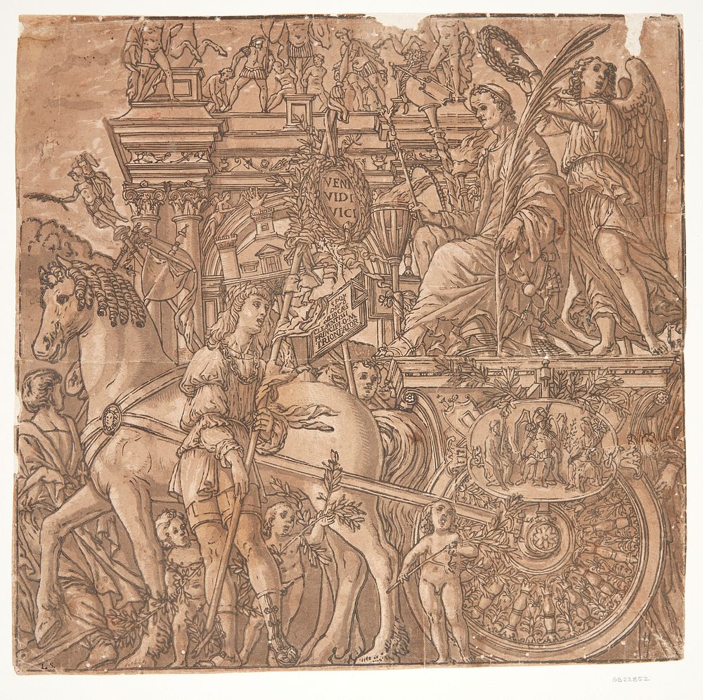 Julius Caesar on a horse-drawn chariot, crowned with laurel by Andrea Andreani, Bernardo Malpizzi and Andrea Mantegna