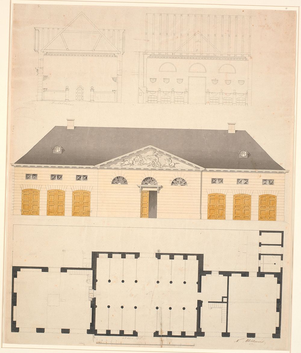 Plan, elevation and section of a stable building, probably for Constantin Brun's farm