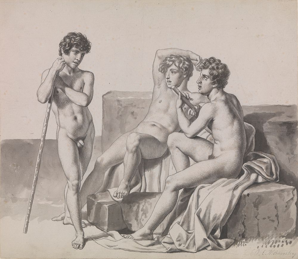 Three young naked boys standing or sitting between blocks of stone. by C.W. Eckersberg