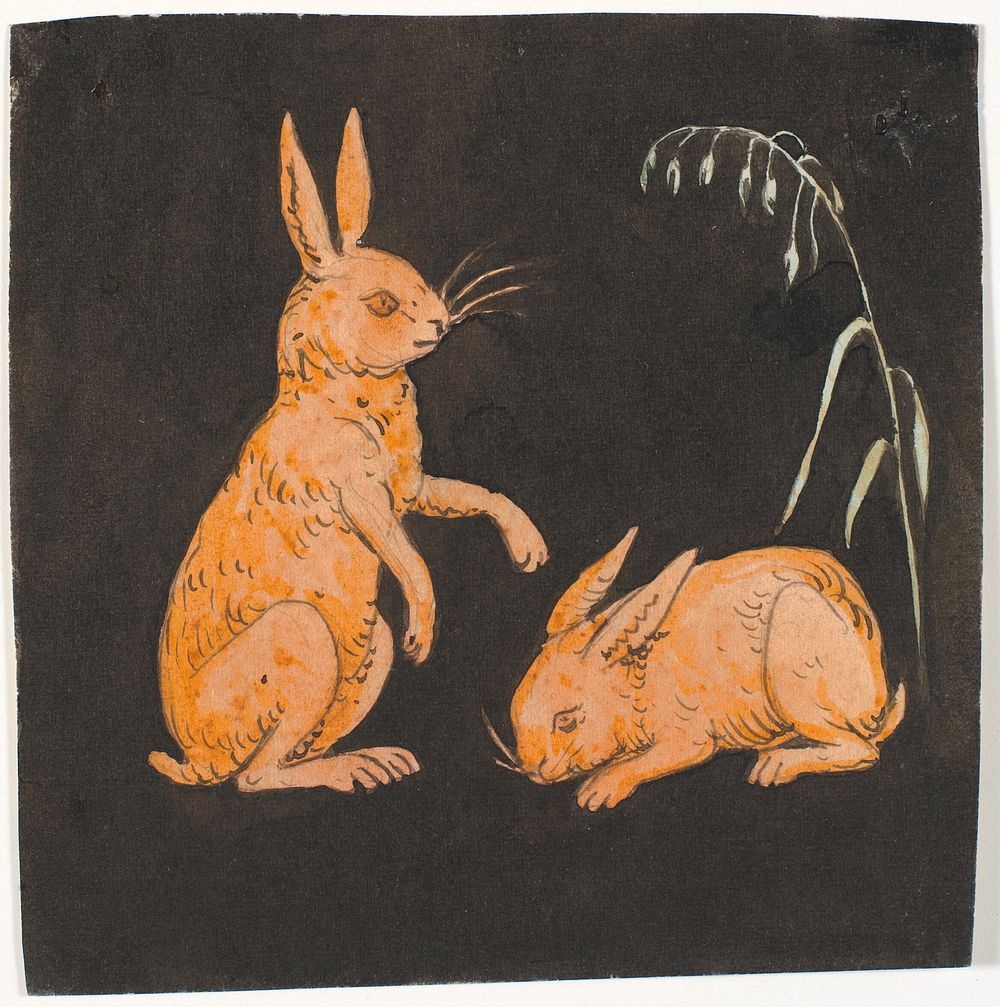 Two hares (rabbits?) on a black background.Decorative draft. by P. C. Skovgaard