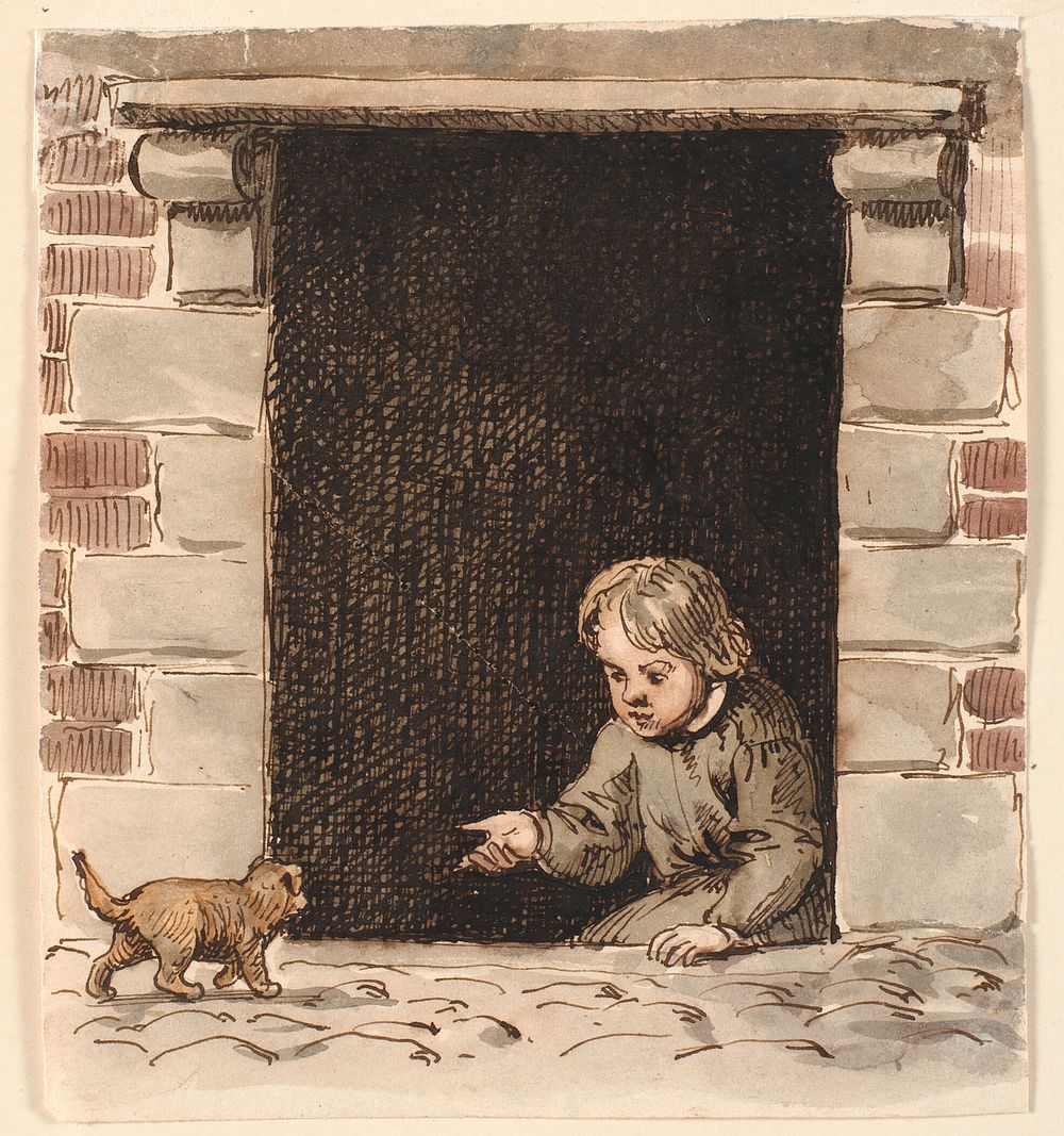 A boy sitting in a cellar door beckons a puppy. by P. C. Skovgaard